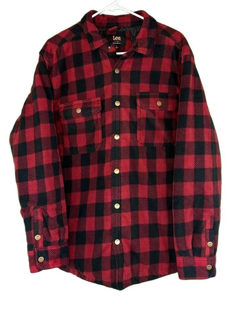 Lee Fleece Quilted Lined Flannel Shirt Size L Red Black Buffalo Plaid